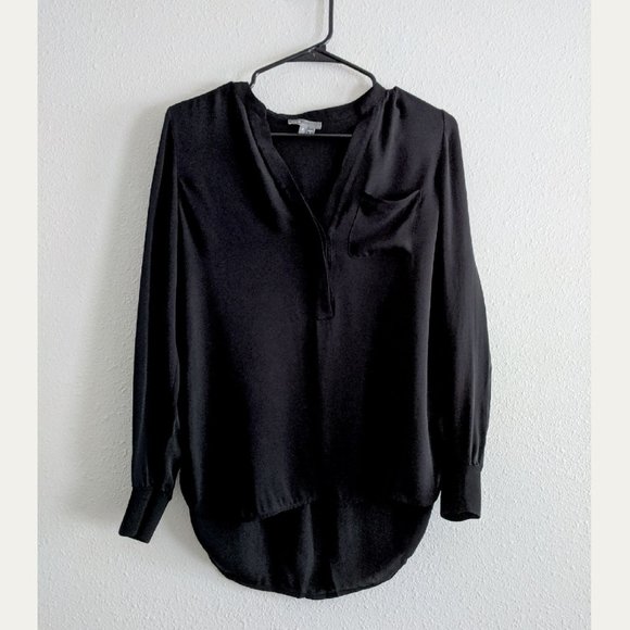 VINCE Black Rib Trim Half Placket Silk Popover Blouse Size 2 - Picture 4 of 13